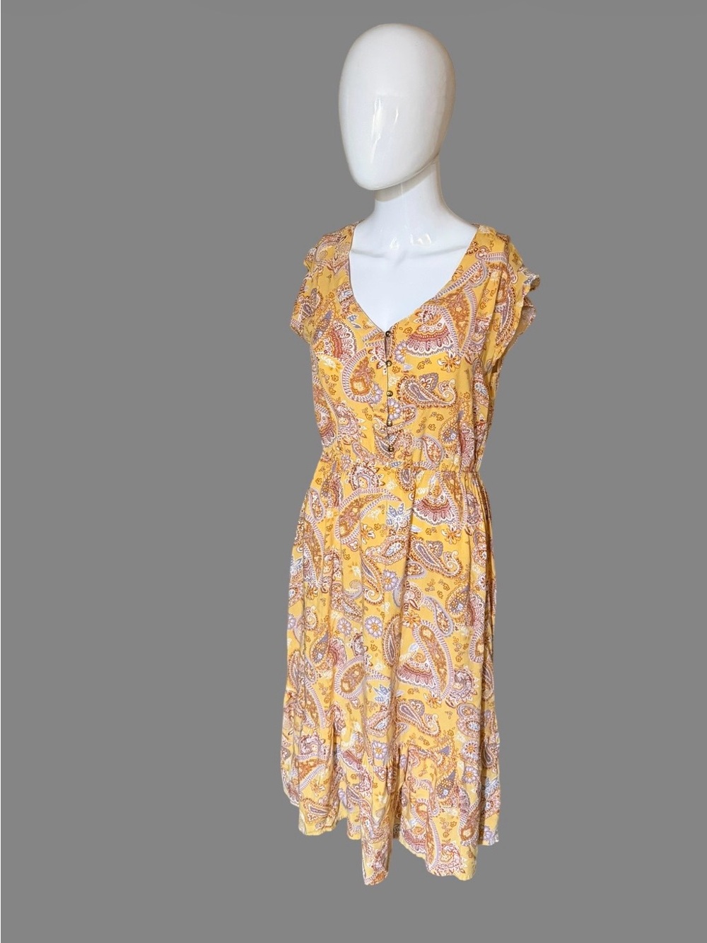 Indigo Rose Size M Yellow Paisley V-Neck Midi Dress - Lightweight Summer Style